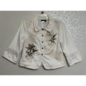 City Girl Nancy Bolen VTG White Lined Jacket Embroidered Floral‎ Beaded Sequin M